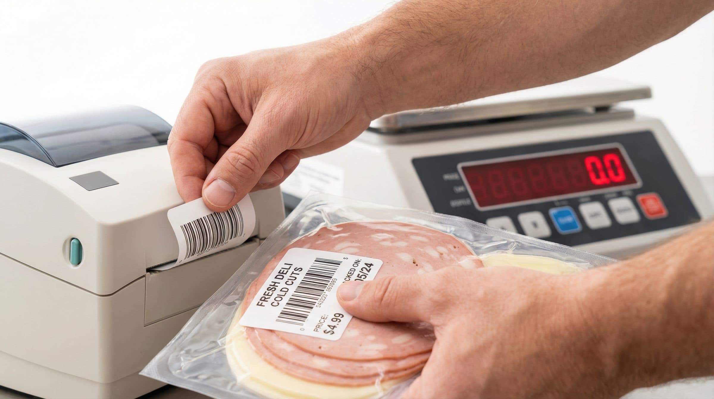 Printed price label being applied to a package of sliced deli meat beside a price-computing scale