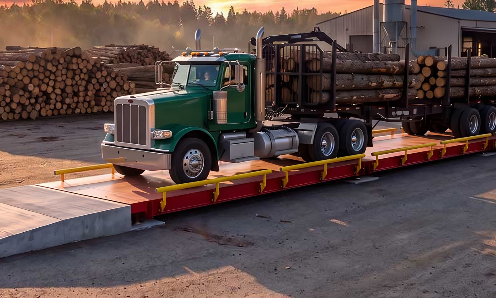 Loaded log truck on an above-ground truck scale in a log yard