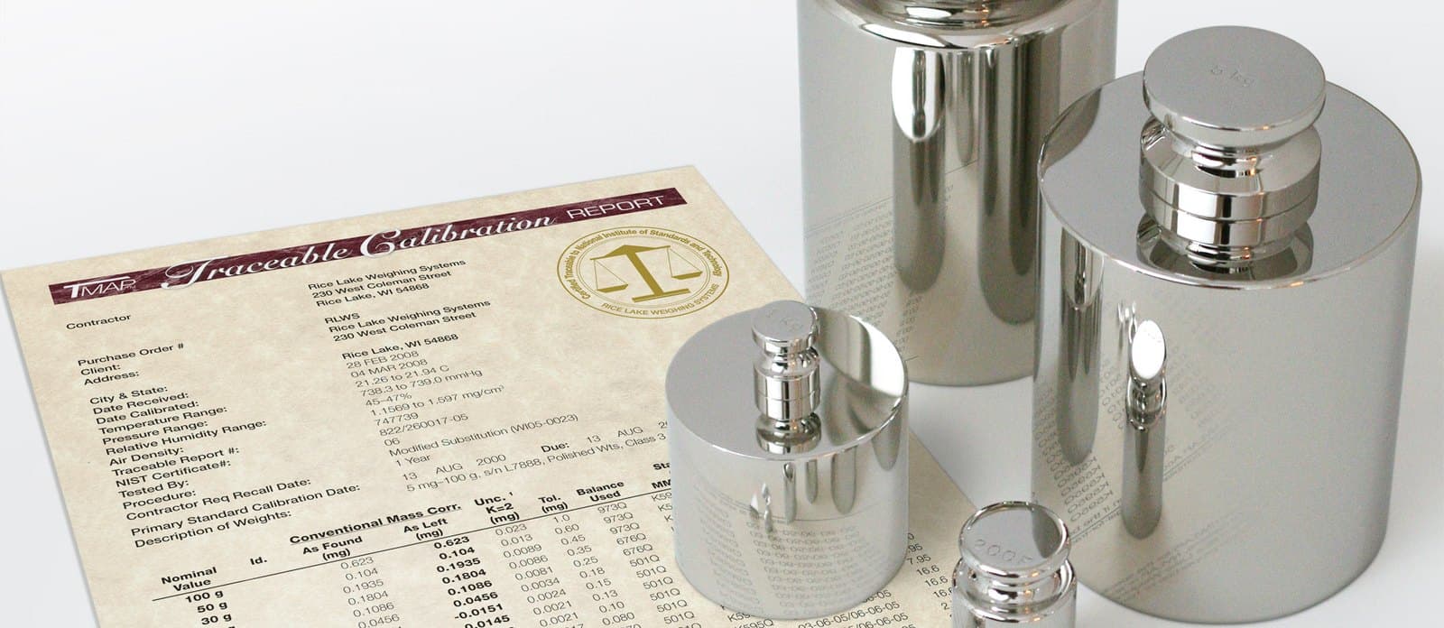 Certified test weights on a traceable calibration report
